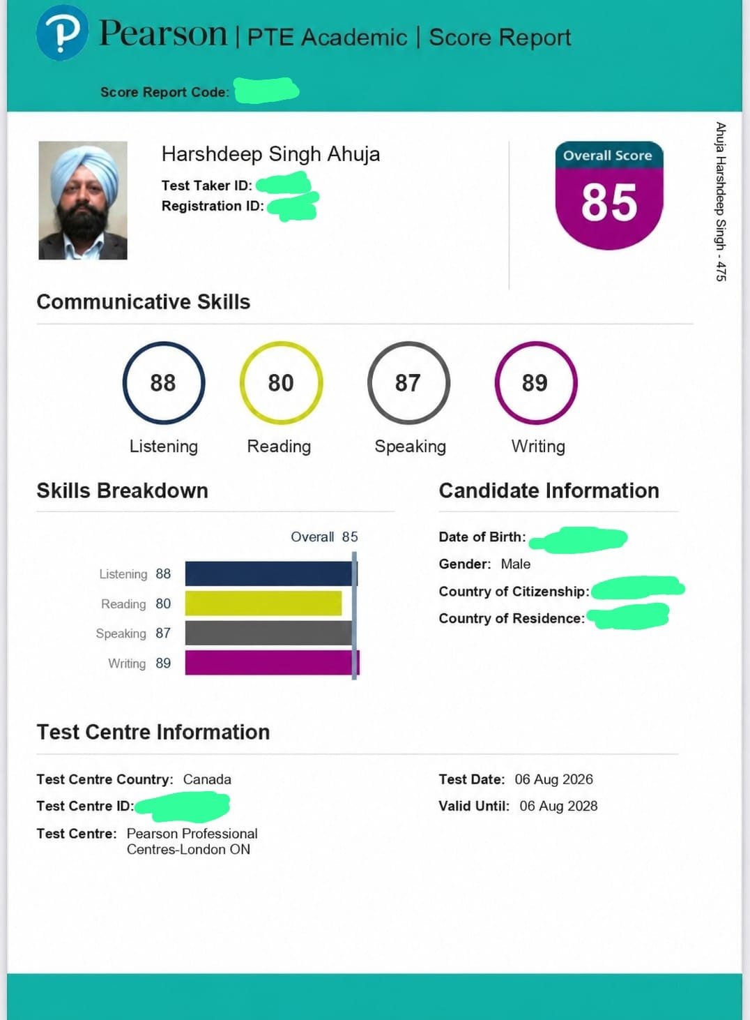 Harshdeep Singh Ahuja PTE score report, overall 85