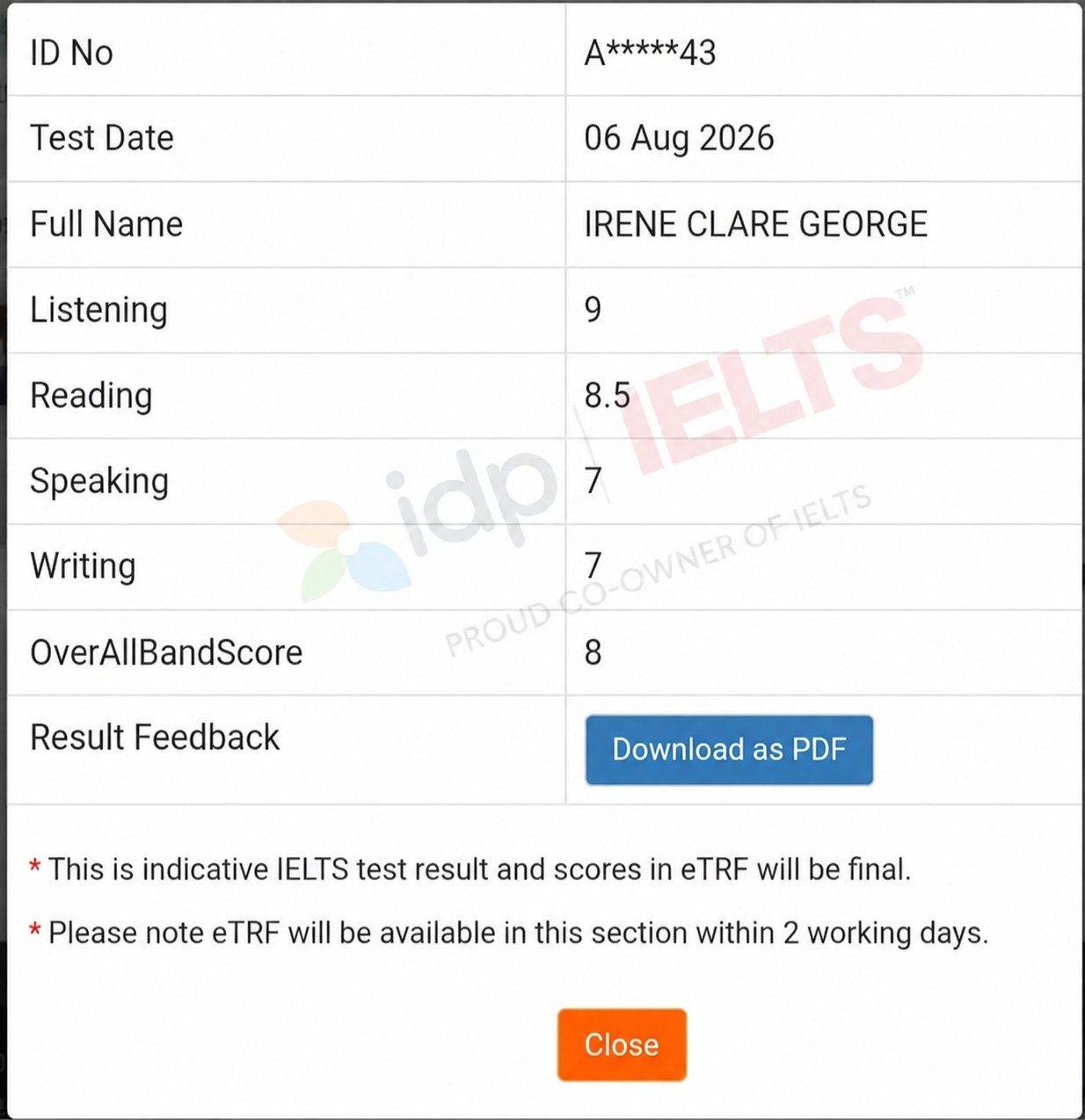 Irene Clare George IELTS results, band 8.0