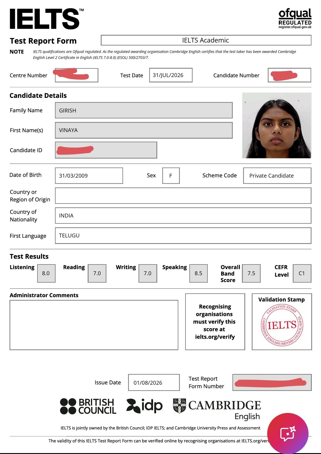 Vinaya Girish IELTS Academic results, band 7.5
