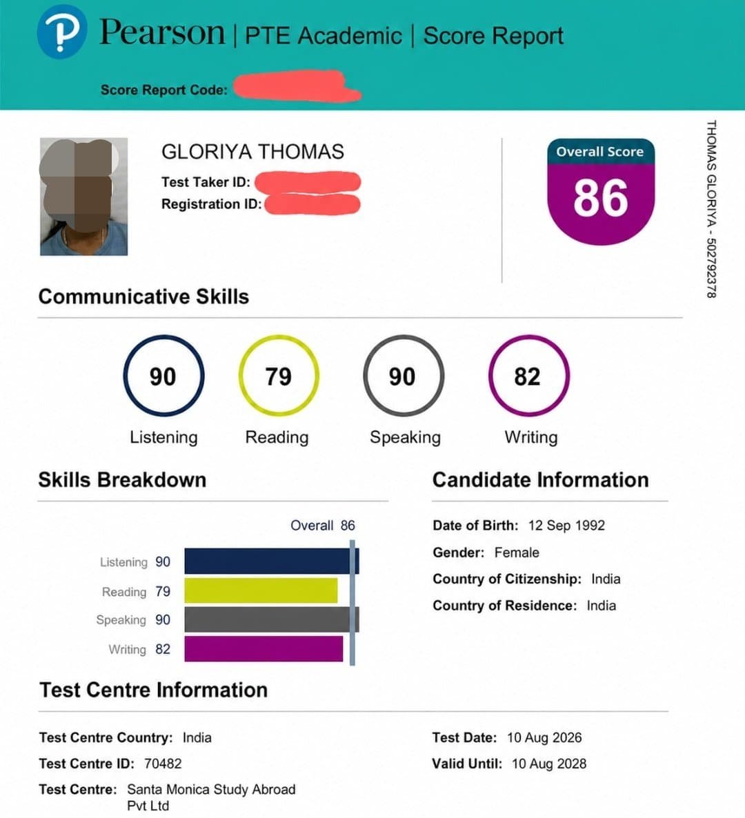 Gloriya Thomas PTE score report, overall 86