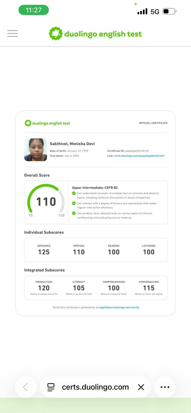 Monisha Devi Sakthivel Duolingo certificate, overall 110