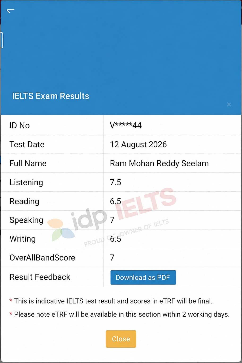 Ram Mohan Reddy Seelam IELTS results, band 7.0