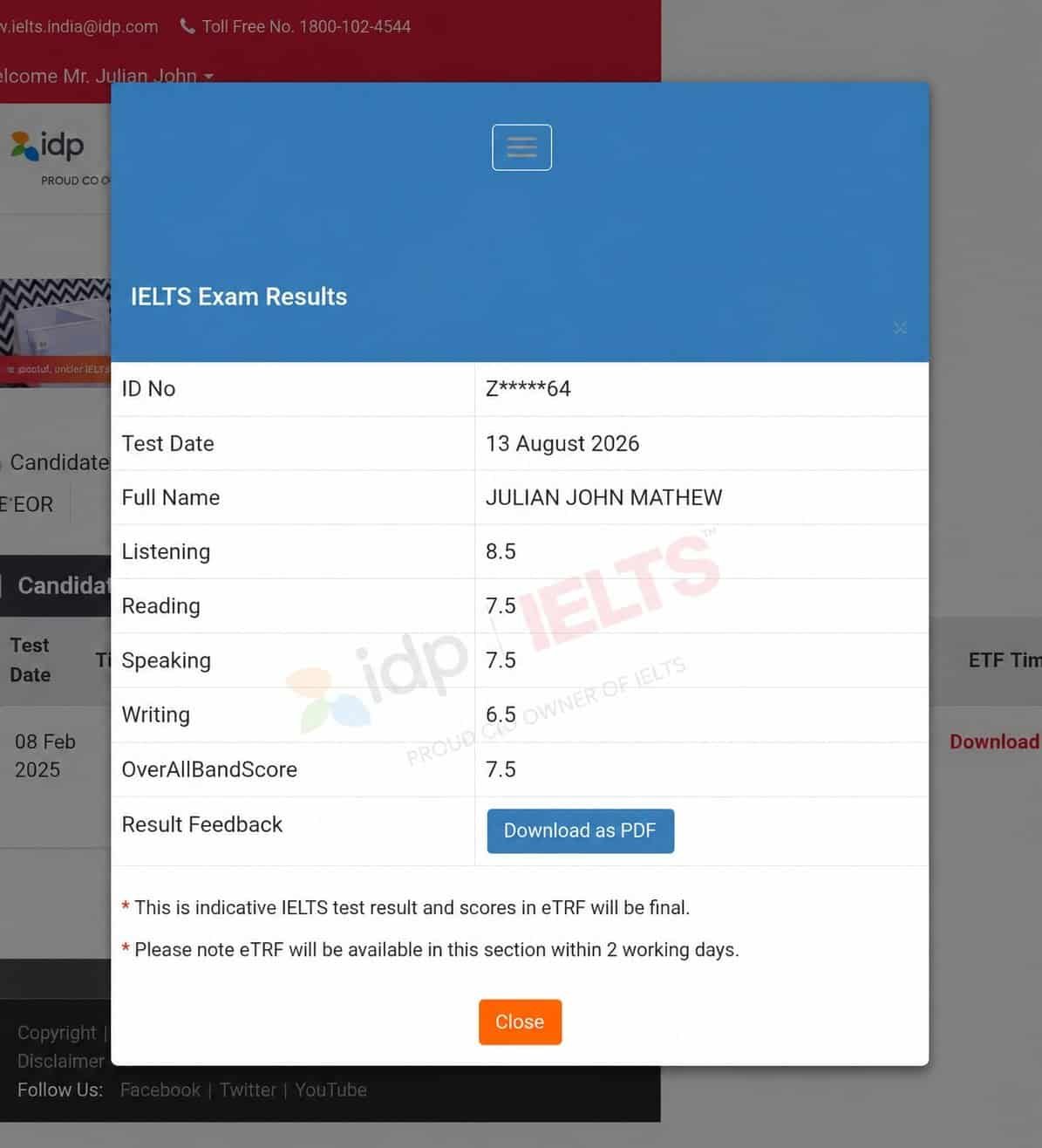 Julian John Mathew IELTS results, band 7.5