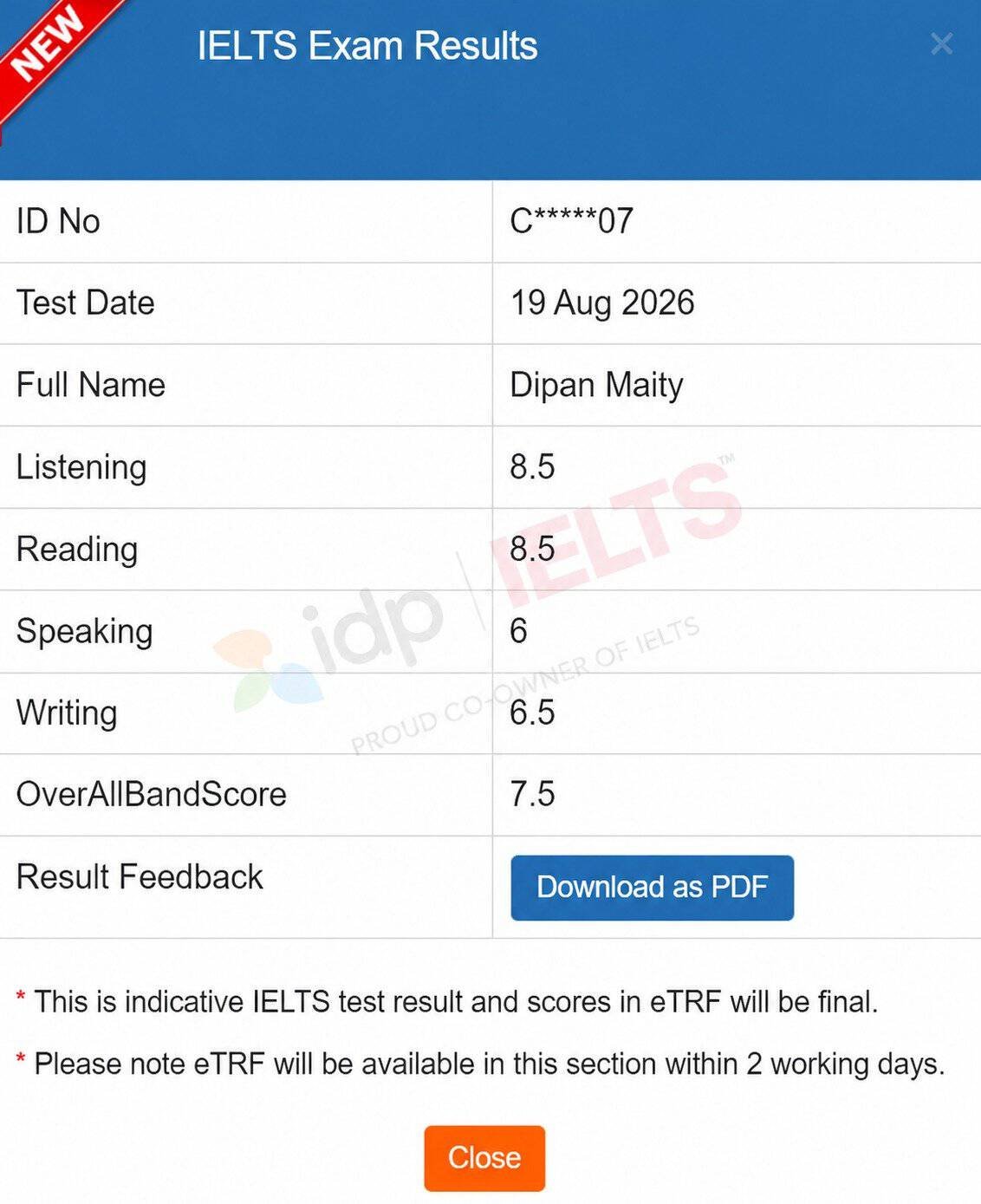 Dipan Maity IELTS results, band 7.5